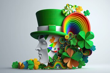 St. Patrick's day design fantasy celebration on white background. Happy Leprechaun hat,shamrock leaves  magical,generative ai.