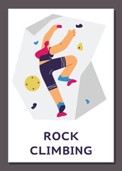Rock climbing training on fitness simulator banner, vector illustration on white.