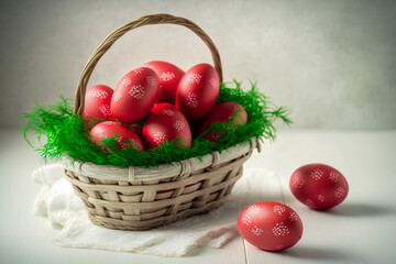 Fototapeta na wymiar Red Easter eggs in a basket on a table. Created with Generative AI technology.
