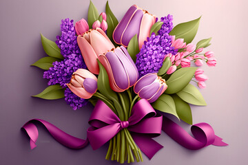 Gift bouquet of delicate tulip flowers with ribbon on light insulated background, purple pink and yellow. color, Women's Day, Mother's Day, March 8. Generative AI