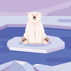 Cute polar bear sitting on ice floe, cartoon flat vector illustration.