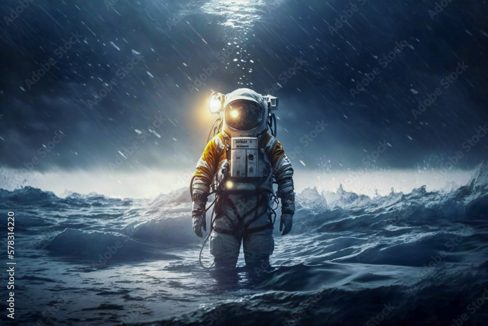 Poster a lonely astronaut sitting in water while raining. created with generative ai technology.
