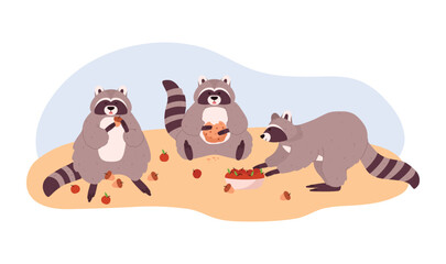 Group of raccoons eating apples and acorns, cartoon flat vector illustration isolated on white background.
