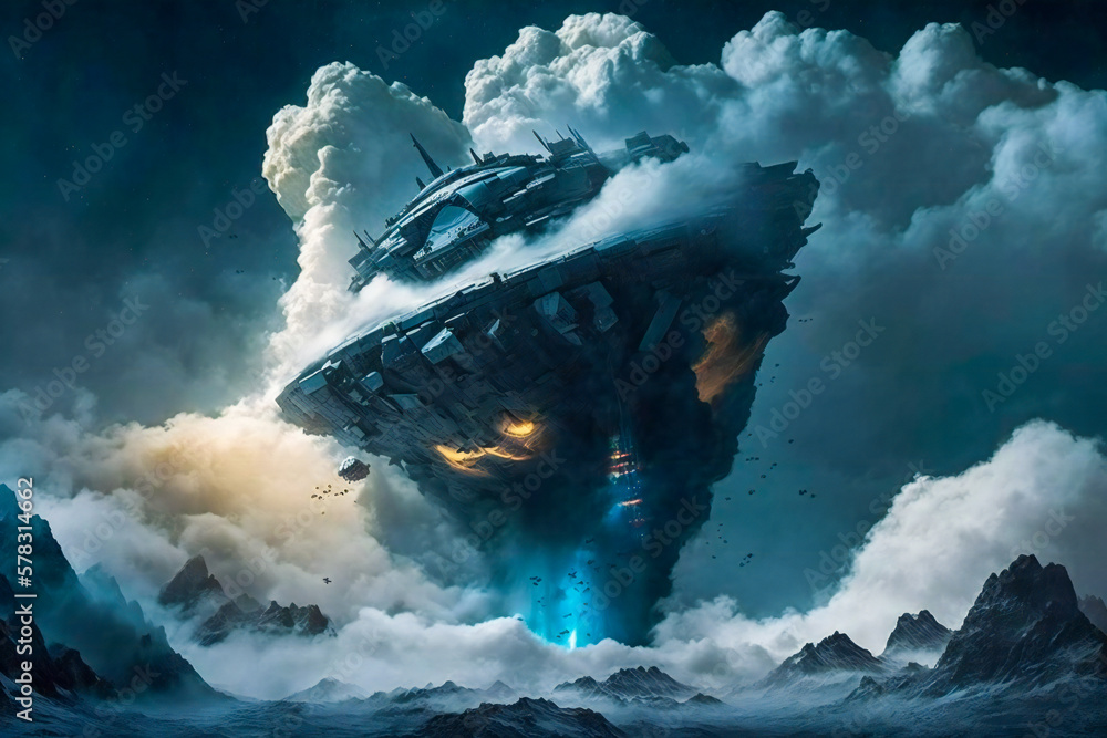 Poster giant alien space ship surrounded by clouds. created with generative ai technology.