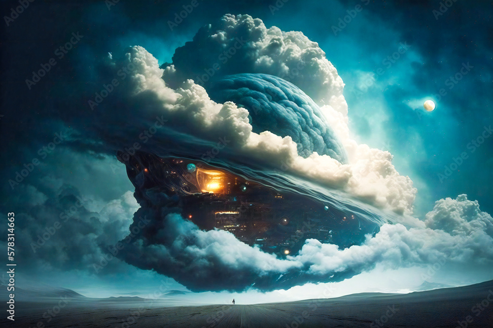 Poster giant alien space ship surrounded by clouds. created with generative ai technology.