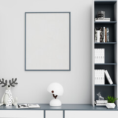 Blank picture frame mockup on a wall with table and bookshelves white background