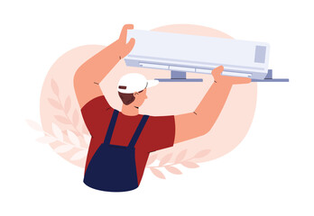 Serviceman repairing or installing air conditioner vector illustration isolated.
