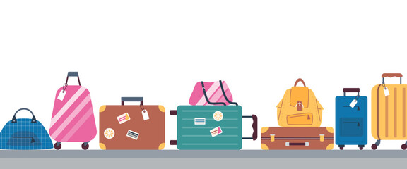 Baggage on conveyor belt in airport terminal flat vector illustration isolated. - obrazy, fototapety, plakaty