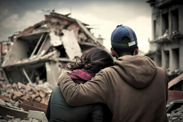 Turkish couple with their backs to each other in the foreground consoling each other in the tragedy. Generative AI