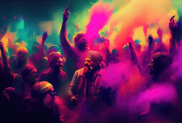 Obraz na płótnie Canvas Hindu people with colorful starch powder in Holi festival or festival of colors. Generative AI
