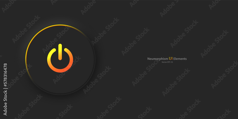 Poster a round button with a yellow-orange power symbol on a black background. user interface elements in t