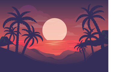 Fototapeta na wymiar Landscape background design with lush moon and palm trees on the beach in summer with sunset