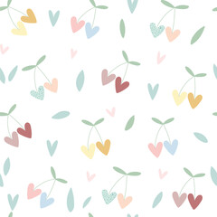 Vector seamless pattern with little heart shaped cherries. Creative scandinavian childish background for Valentine's Day. Cute berry character backdrop for wrapping paper, textile, fabric, card making