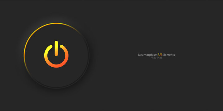 A round button with a yellow-orange power symbol on a black background. User interface elements in the style of neumorphism, UX. Vector EPS 10.