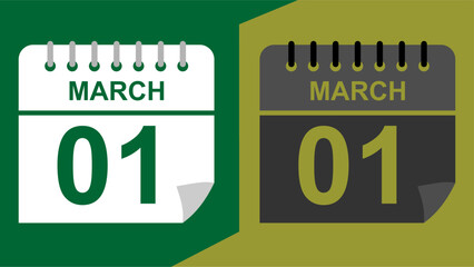 march 01 calendar date on green background or isolated icons with hollow background.