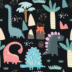 Cute dinosaurs hand drawn color vector seamless pattern. Dino characters cartoon texture. Prehistoric  illustration. Sketch Jurassic reptiles. Web, wrapping paper, textile, background fill