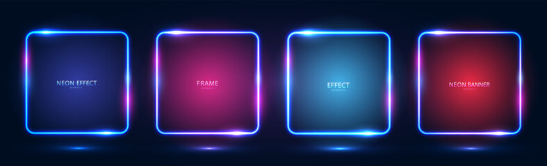 A set of four square neon frames with shining effects, highlights and inscriptions on a dark background. Futuristic modern neon glowing banners. Vector illustration. © Helga1