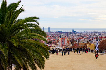 Barcelona, Spain-January 03,2016:Scenic landscape view of the Park Guell. It is a public park...