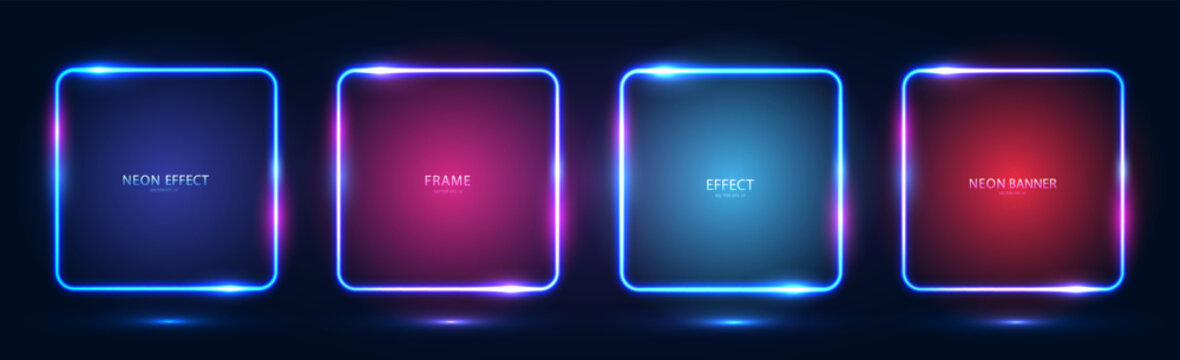 A set of four square neon frames with shining effects, highlights and inscriptions on a dark background. Futuristic modern neon glowing banners. Vector illustration.