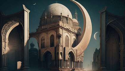 Fototapeta premium Ramadan's celebration background with Mosque and crescent moon at night, generative ai