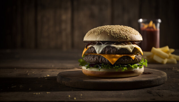 professional photograph, award winning, Close-up home made beef burger on wooden table --ar 16:9