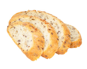 Loaf of bread isolated on white. Whole wheat bread baked, bio ingredients, healthy with seeds.