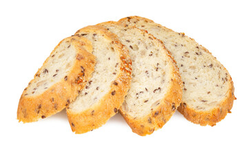 Loaf of bread isolated on white. Whole wheat bread baked, bio ingredients, healthy with seeds.