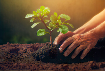 Hands nurturing a young plant in fertile soil, symbolizing growth and environmental care, perfect for Earth Day themes and sustainability. Generative AI 