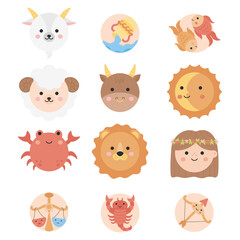 Cute zodiac signs vector set. Twelve round zodiac sign icons, illustrations, isolated collection.