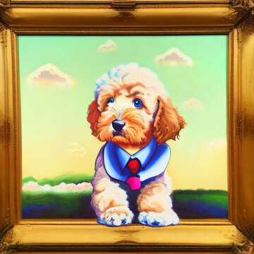 A painting of a cute goldendoodle wearing a suit
