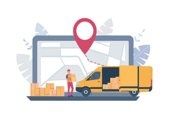 Delivery or logistic service concept. Computer, map, cargo van and courier with boxes. Vector illustration. © lyudinka
