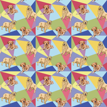 Golden Retriever dog on a mosaic geometric background. Funky, colorful vibe, rainbow colors palette. Simple, clean, modern texture. Geometric, polygon style. Summer seamless pattern with dogs.Triangle