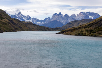 Lake and snowy mountains of Torres del Paine National Park in Chile, Patagonia, South America