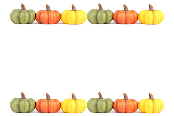 A frame filled with two rows of colorful pumpkins made out of clay isolated on white
