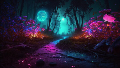 Colorful bioluminescence plants in forest, crystals and glowing path, fireflies, Pandora planet at night, blue and pink glow, epic landscape in background. Generative AI.