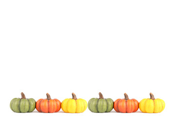 A frame filled with a row of colorful pumpkins made out of clay isolated on white
