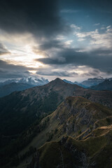 Fototapeta premium Sunset in the ranges and snow capped mountains of Dolomites, Italy