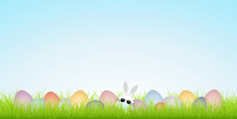 Osterwiese Weißes Hasenei Maske Sonnenbrille & 14 Ostereier Himmel Bunt