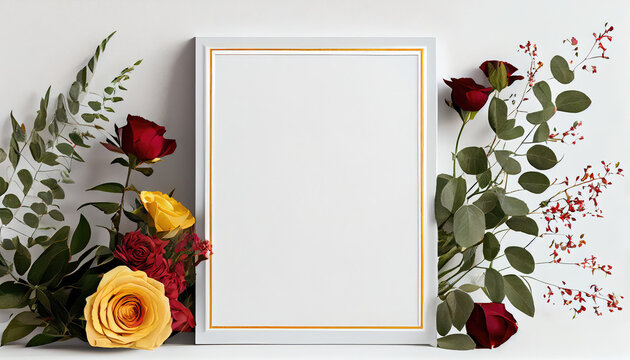 AI Generated image of a blank square frame mockup on a white wall red roses
