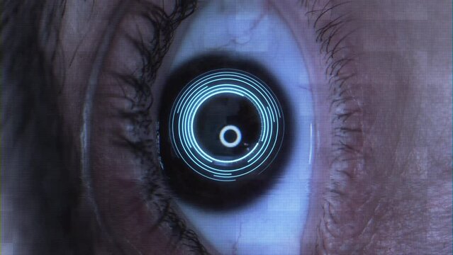 HUD technology with data stream in macro eye close-up. Science innovation with artificial vision. Artificial intelligence and cyborg bionic futuristic AR app. Cyberspace AI connected with 3D data viz