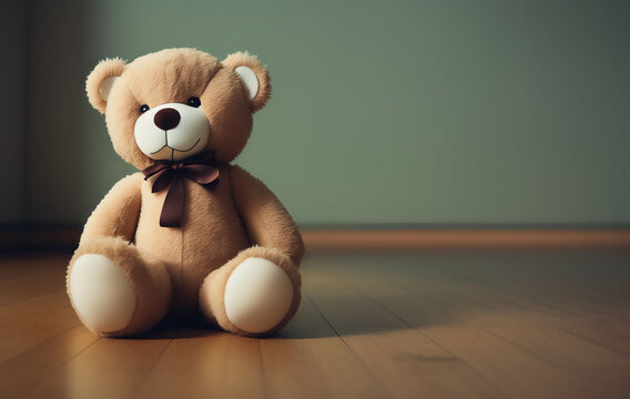 A sad teddy bear sits alone in a room. Neutral green Background. The image symbolises loneliness or sadness. Header, Wallpaper and place for Text.
