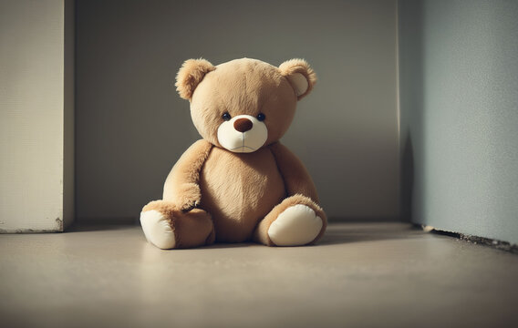 A sad teddy bear sits alone in a room. Neutral wall Background. The image symbolises loneliness or sadness. Header, Wallpaper and place for Text.
