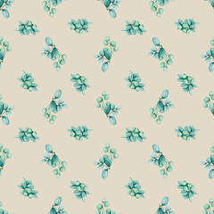 Seamless pattern with eucalyptus and berries. Watercolor botanical ornament for cards, packaging, wrapping, stationery, fabric, textile. Wedding, birthday, anniversary design..