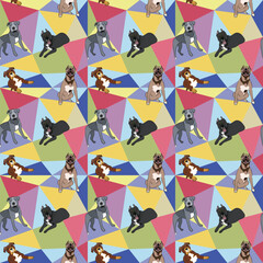 Pit bull dog on a mosaic geometric background. Funky, colorful vibe, rainbow colors palette. Simple, clean, modern texture.Geometric, polygon style. Summer seamless pattern with Pitbull dogs.Triangles