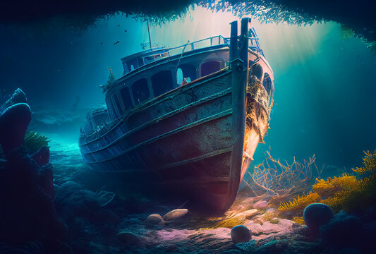 Schiffswrack oder gesunkenes Schiff auf Meeresgrund im Ozean - Generative AI Illustration