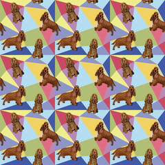 Cocker Spaniel dog on a mosaic geometric background. Funky, colorful vibe, rainbow colors palette. Simple, clean, modern texture. Geometric, polygon style. Summer seamless pattern with dogs.Triangles.