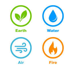 Four nature elements icon set. Air, earth, water, fire symbols. Natural elements icons. Vector illustration.