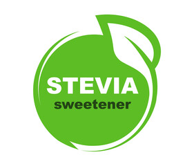 Stevia label. Stevia sweetener. Sugar substitute. 100% natural stevia. Eco, organic and bio icon. Vector illustration.