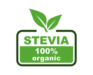 Stevia label. Stevia sweetener. Sugar substitute. 100% natural stevia. Eco, organic and bio icon. Vector illustration.