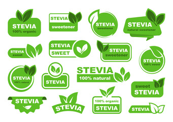 Stevia label set. Stevia sweetener. Sugar substitute. 100% natural stevia. Eco, organic and bio icon. Vector illustration.